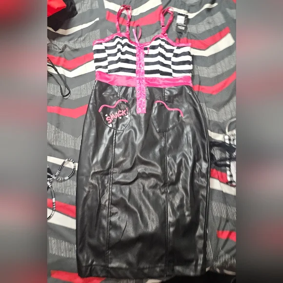 Black and White Striped Dress with Pink Accents - Picture 2 of 4